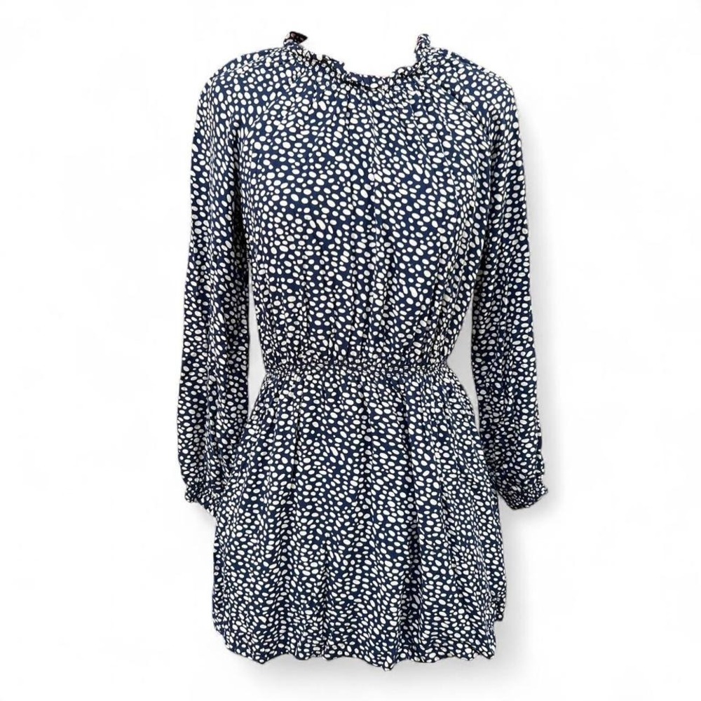 Boden Blue & Whote Polka Dot Long Sleeves Dress High Ruffled Neck‎ Size 13-14Y